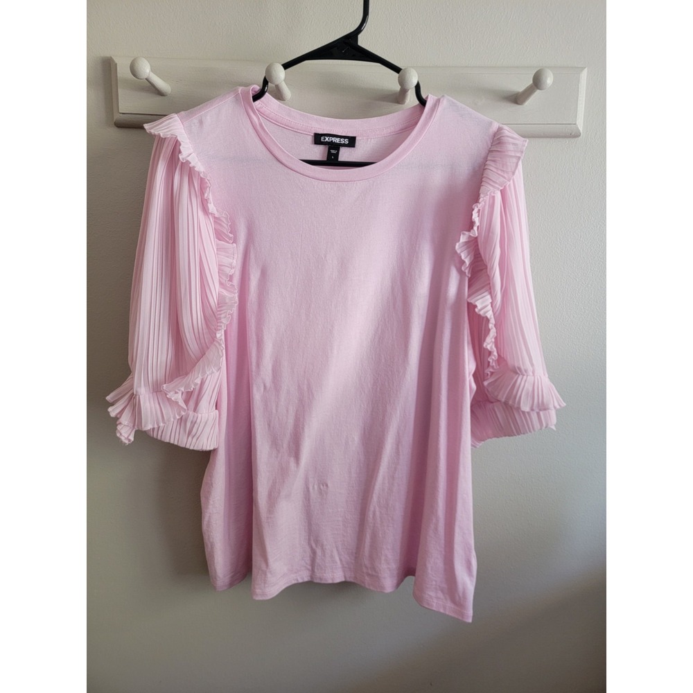 Express Women's Large Pink Ruffle Puff Short Sleeve Top Cotton Feminine Casual